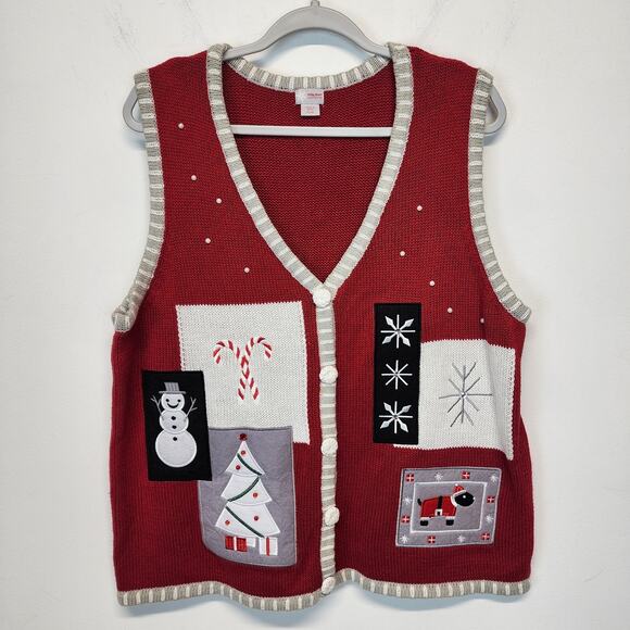 Vtg Holiday Editions Ugly Christmas Sweater Vest Size XL Red Snowman Santa Dog - Picture 1 of 8